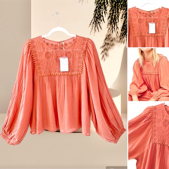 Free People Tops - Free People Rust Valencia Boho Blouse Eyelet Embroidered  Long Sleeve Round Neck